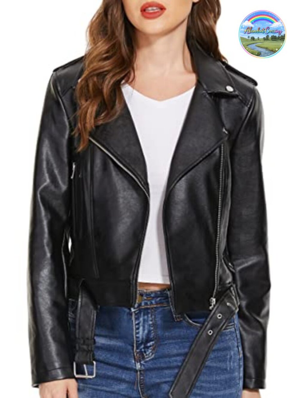 Faux Leather Moto Jacket Aviator Style Zip Up Notch Collar Utility Pockets